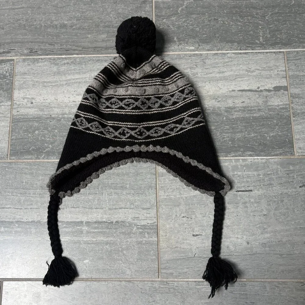 J.Crew Wool Knit Tassel Pom Pom Hat with Ear Flaps Black/Gray One Size